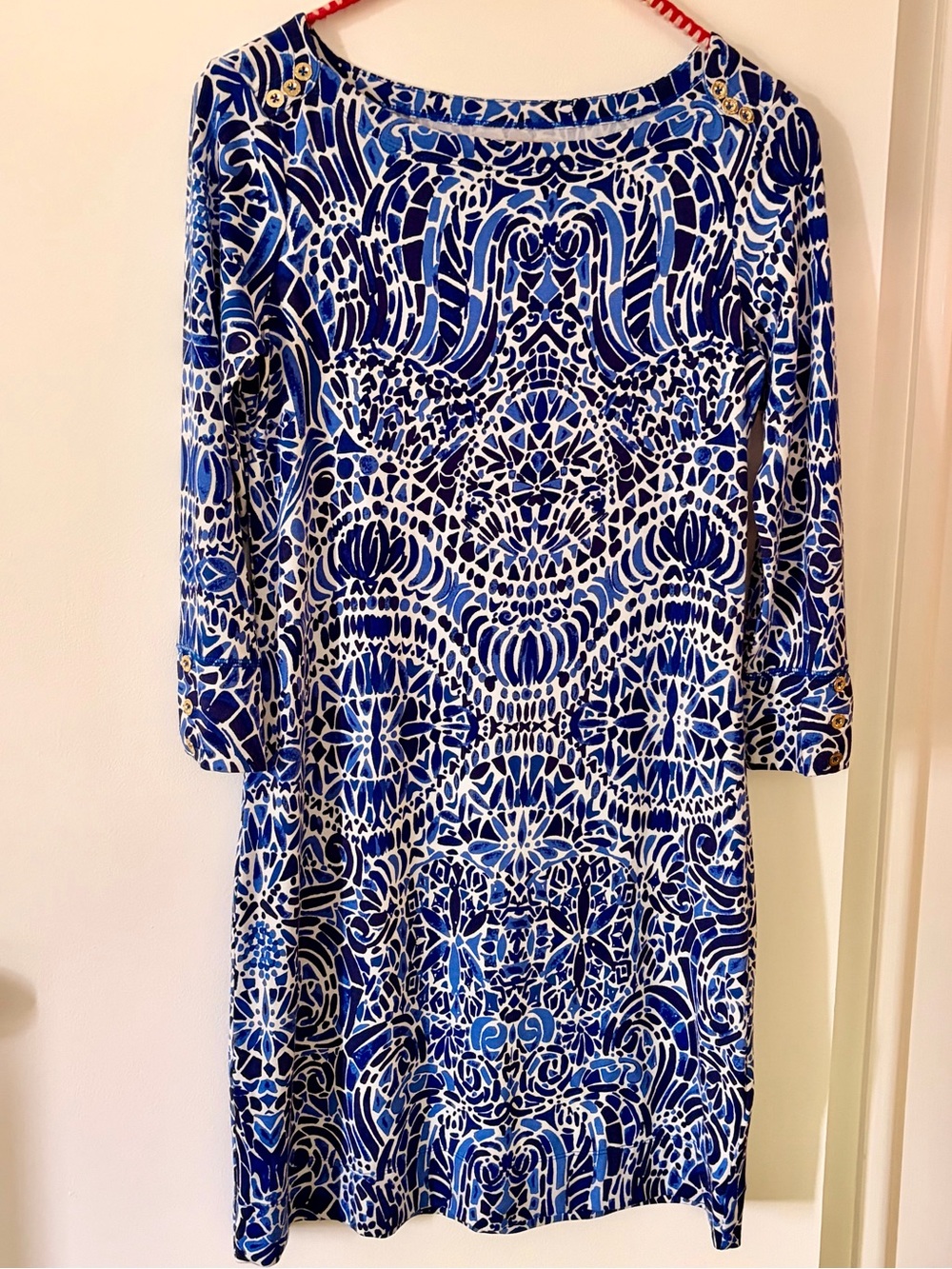 Lilly Pulitzer Sophie Dress Blue White Medallion Print Gold Buttons XS
